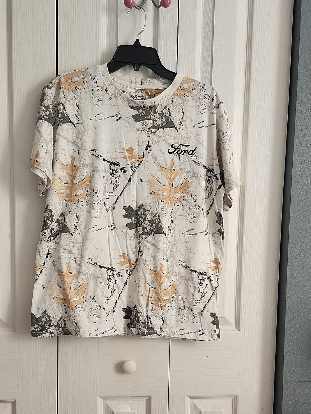 Ford Cream T-Shirt with Mustard and Gray Leaf Print